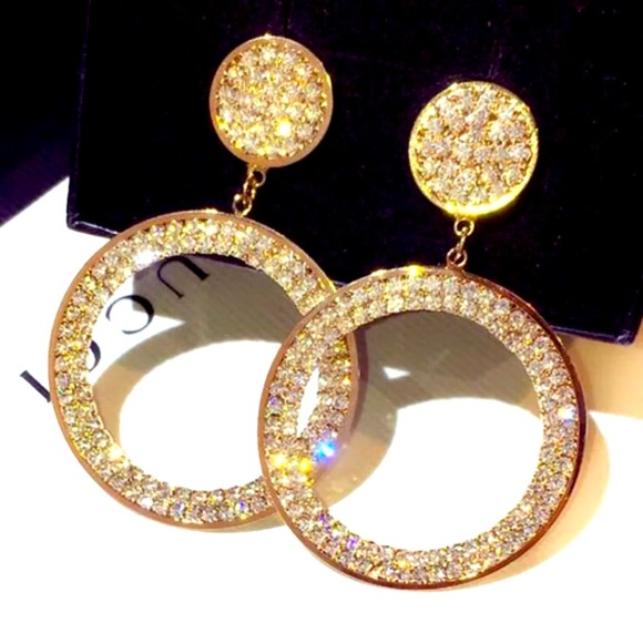 Big Gold Plated Rhinestone Circle Earrings - Picture 1 of 4